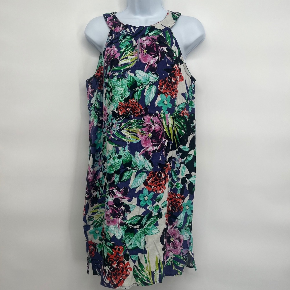 100% Linen Keyhole Shift Dress Women XS C&C California Blue Floral Sleeveless - Picture 1 of 9